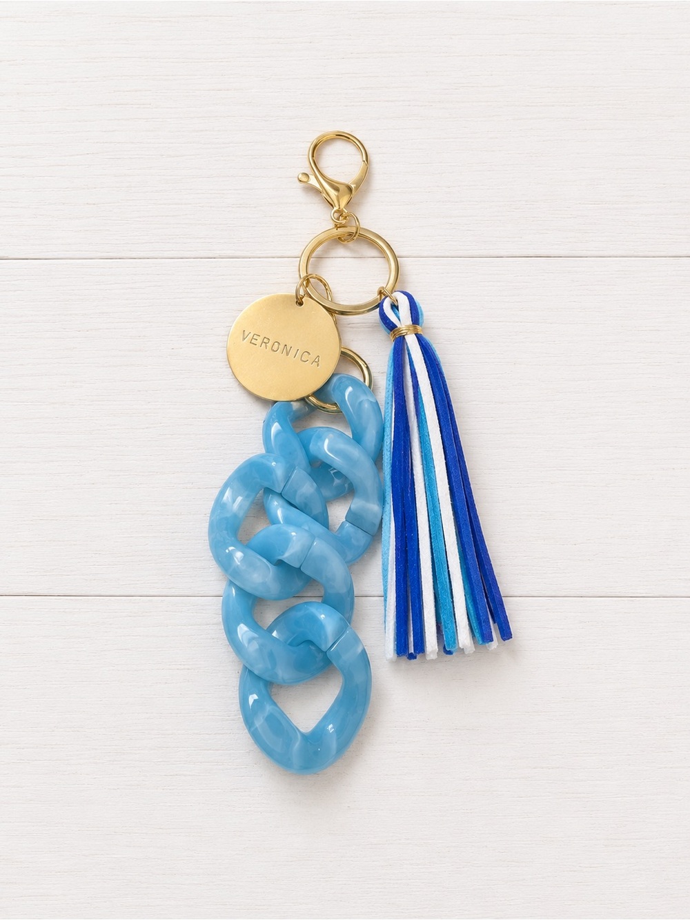 Personalized “Veronica” Blue Resin Chain Tassel Statement Keychain Bag Charm